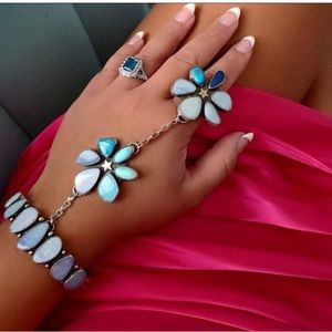 Headed to Consignment! Sterling Silver Opal Slave Bracelet Hand Chain